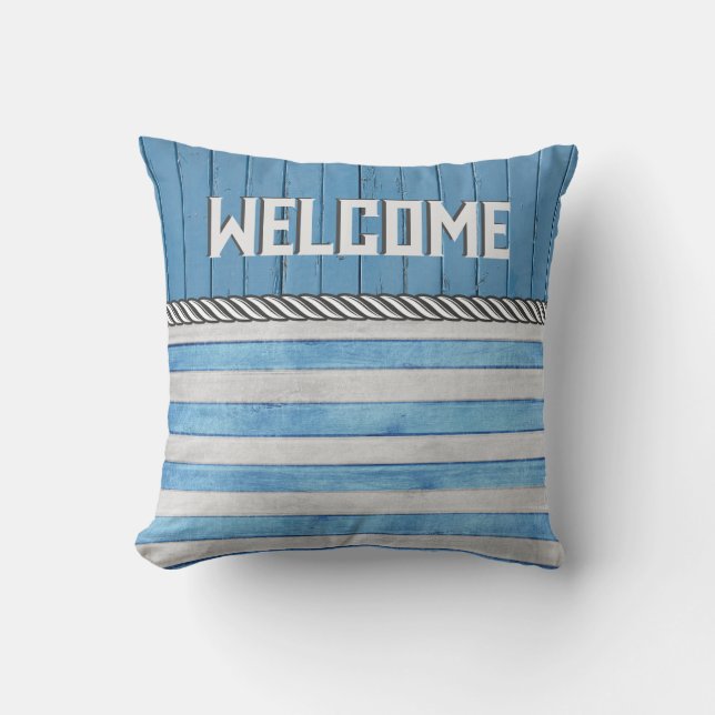 Welcome on Blue Wood and Stripes Throw Pillow (Front)
