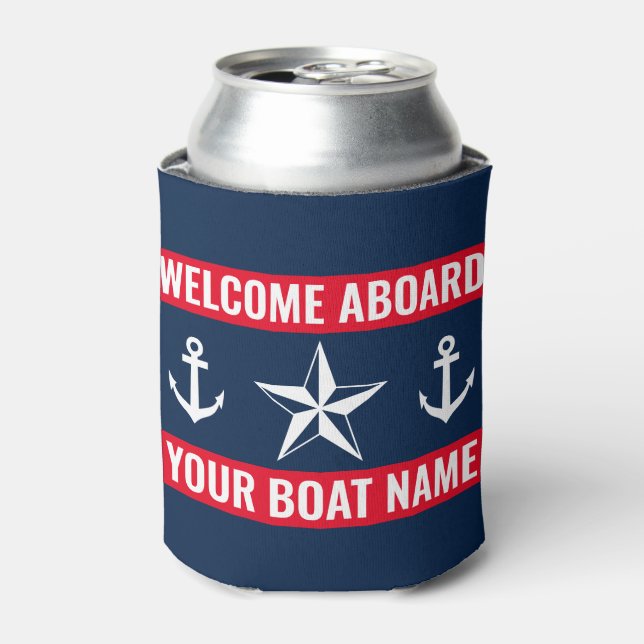 Welcome on board custom boat name nautical red can cooler (Can Front)