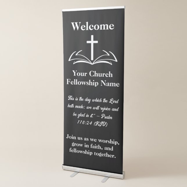 WELCOME, Open Bible Cross Logo black white Church  Retractable Banner (3/4)