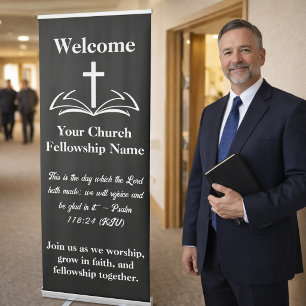 WELCOME, Open Bible Cross Logo black white Church  Retractable Banner