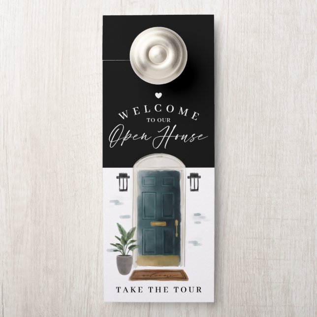 Welcome Open House Green Watercolor Front Door Hanger (On Knob)