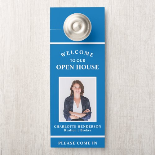Welcome Open House Real Estate Agent Photo Blue Door Hanger