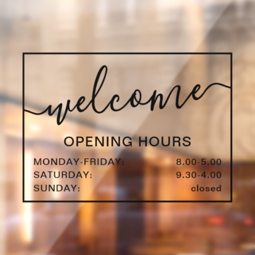 Welcome opening hours add logo black transparent  window cling