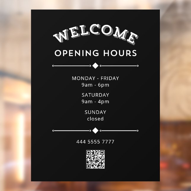 Welcome Opening Hours with QR Code White on Black  Window Cling (Sheet 2)
