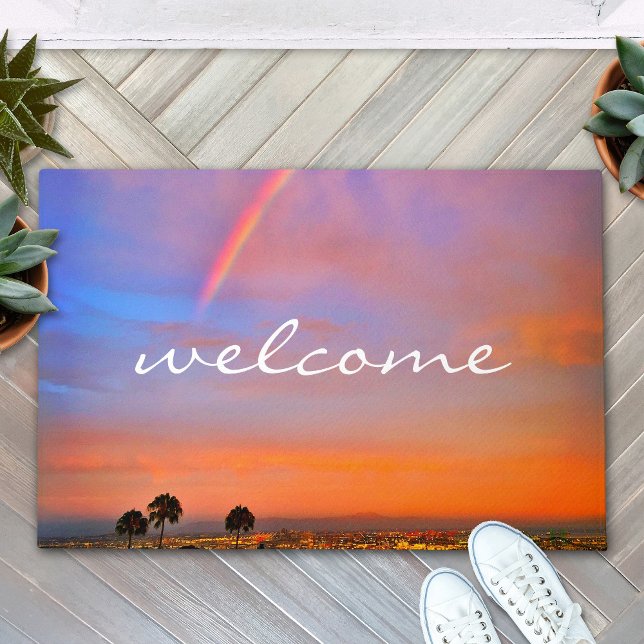 Welcome Orange Blue Sunset Rainbow Photo Modern Doormat (Creator Uploaded)