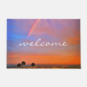 Welcome Orange Blue Sunset Rainbow Photo Modern Doormat