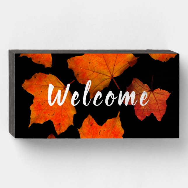 Welcome Orange Leaves Trendy Modern Home Party Wooden Box Sign (Front Horizontal)