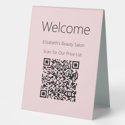 Welcome Pale Pink Black Scan QR Code Price List Table Tent Sign