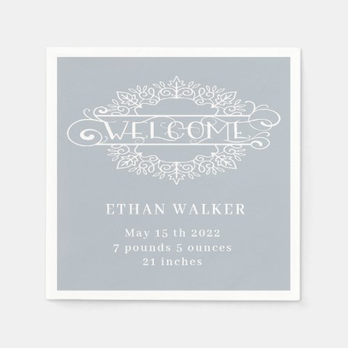 welcome party baby boy blue monogram napkins