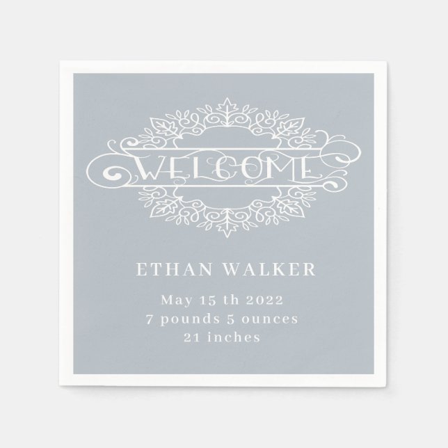welcome party baby boy blue monogram napkins (Front)