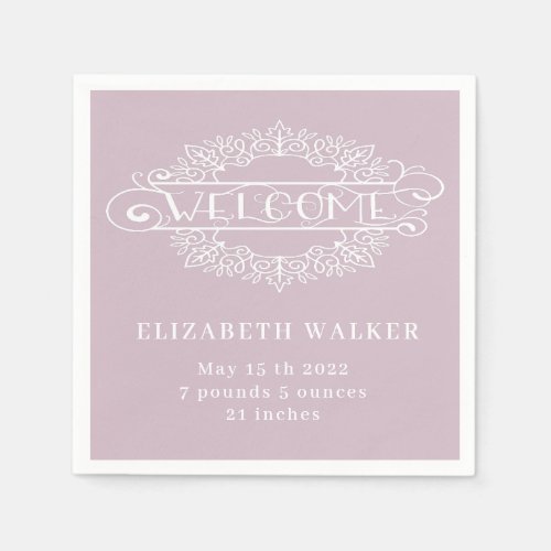 welcome party baby girl blush monogram napkins
