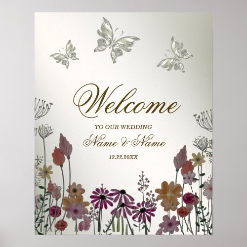 Welcome Party Colorful Garden Flowers Butterflies Poster