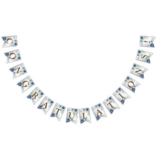 Welcome Party Dusty Blue Watercolor Flowers Silver Bunting Flags