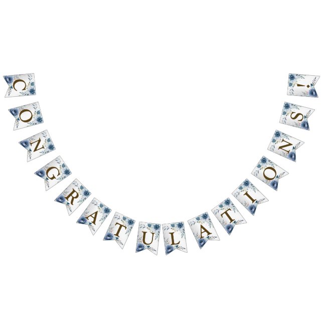 Welcome Party Dusty Blue Watercolor Flowers Silver Bunting Flags (All)