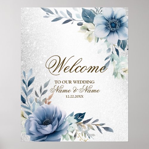 Welcome Party Dusty Blue Watercolor Flowers Silver Poster