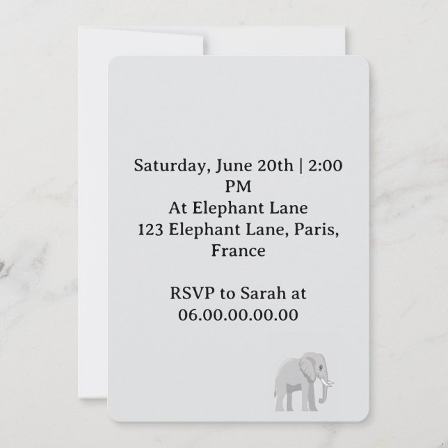 Welcome party for the little elephant invitation (Back)
