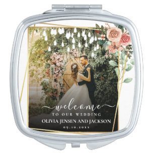 Welcome Party Pink Floral Golden Frame wedding Compact Mirror