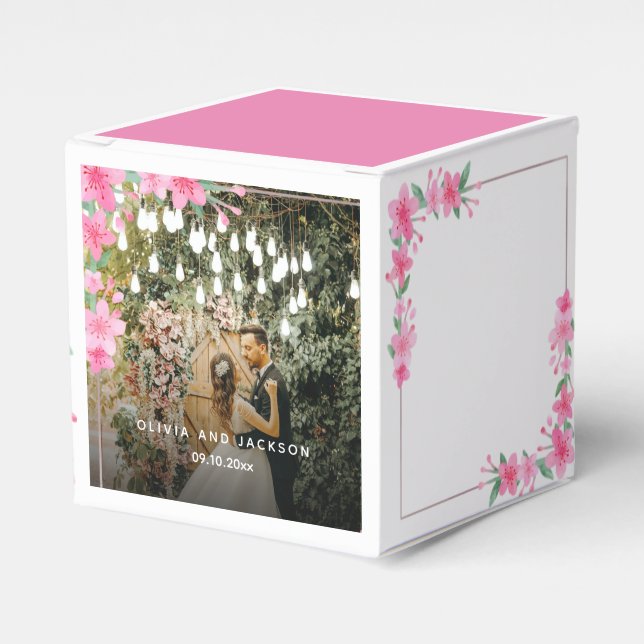 Welcome Party Pink Floral Golden Frame wedding Favor Boxes (Front Side)