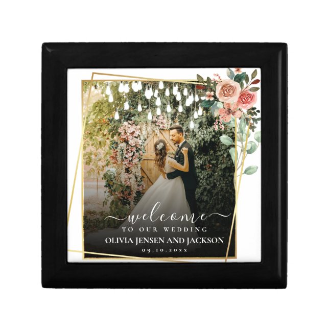 Welcome Party Pink Floral Golden Frame wedding Gift Box (Front)