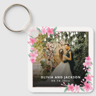 Welcome Party Pink Floral Golden Frame wedding Keychain