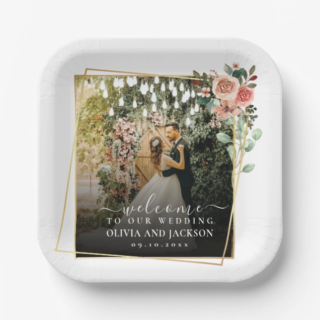 Welcome Party Pink Floral Golden Frame wedding Paper Plates (Front)