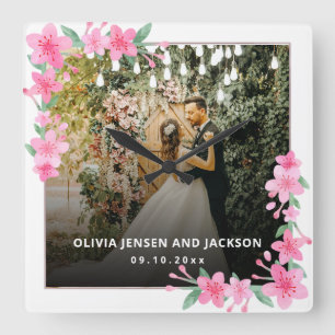 Welcome Party Pink Floral Golden Frame wedding Square Wall Clock