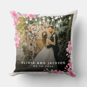 Welcome Party Pink Floral Golden Frame wedding Throw Pillow