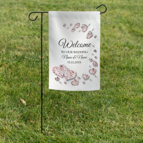Welcome Party Pink Peach Shiny Hearts Geometric Garden Flag