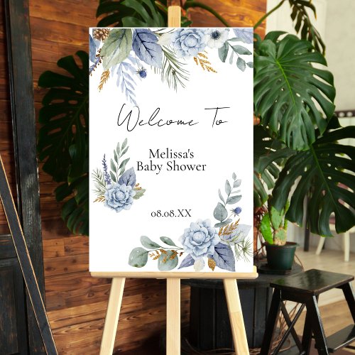 Welcome Party Sign Greenery Dusty Blue Flower