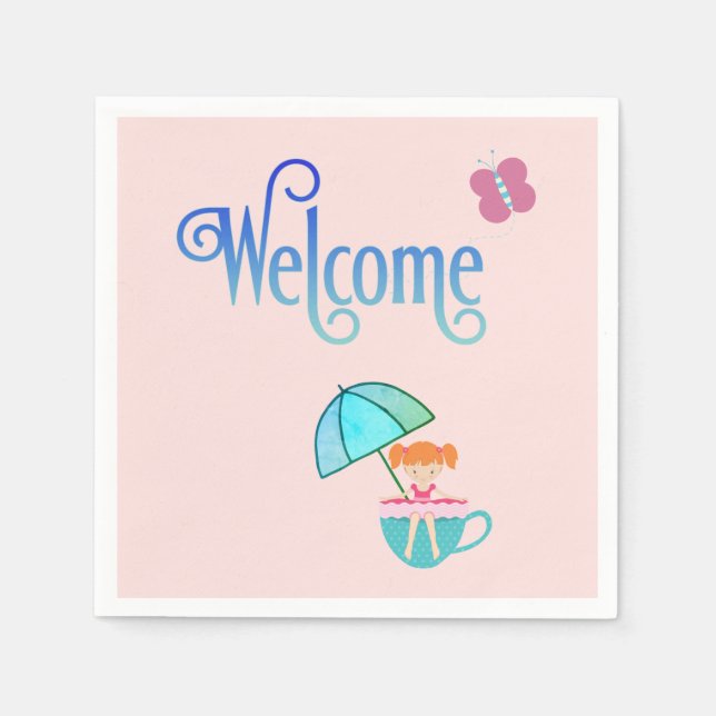 Welcome Party Teacup Girl Butterfly Square  Napkins (Front)