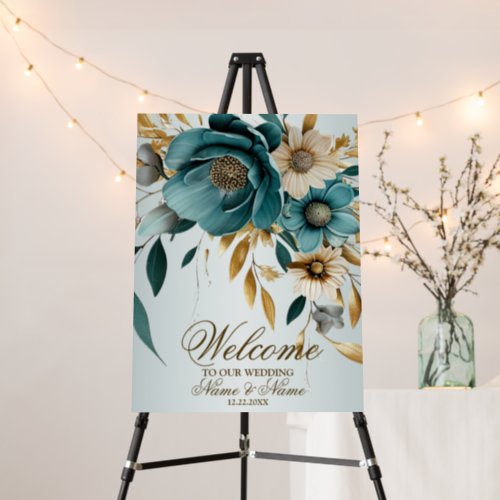 Welcome Party Turquoise White Flower Golden Leaves Foam Board