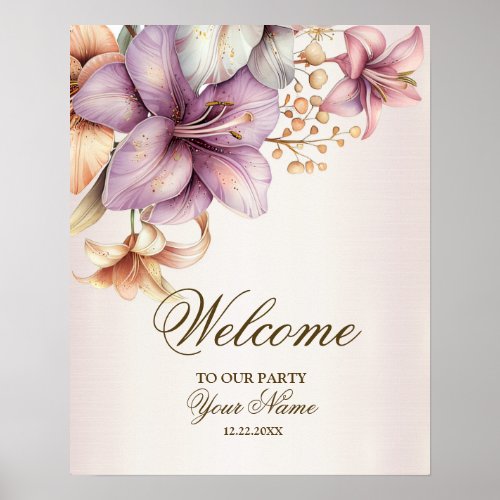 Welcome Party Watercolor Boho Pink Flowers Elegant Poster