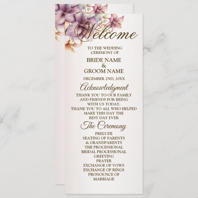Welcome Party Watercolor Boho Pink Flowers  Program (Front/Back)
