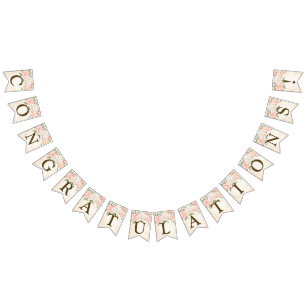 Welcome Party Watercolor Peach White Flowers Bunting Flags