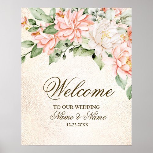 Welcome Party Watercolor Peach White Flowers Poster
