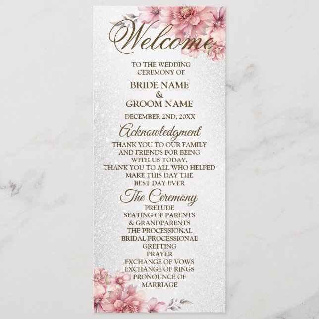 Welcome Party Wedding Pink Watercolor Flower Shiny Program (Front)