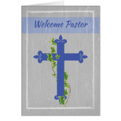 Welcome Pastor, Blue Cross on Gray Wood Background (Front)