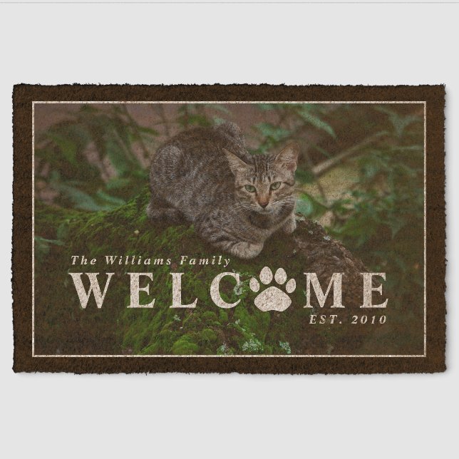 Welcome Paw Print Cat Photo & Family Name Fiber Doormat (Front)