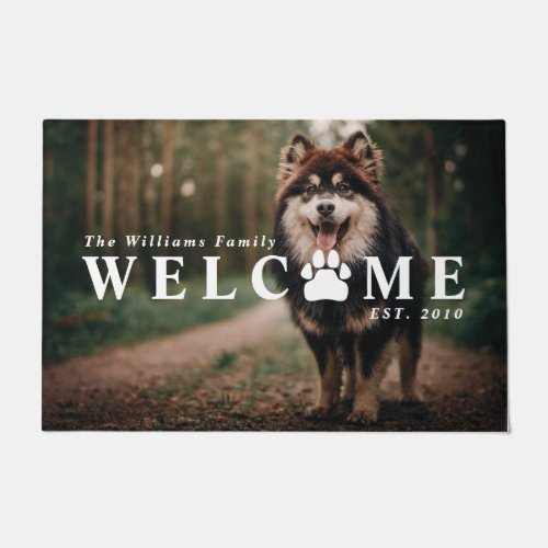 Welcome Paw Print Pet Photo  Family Name Doormat