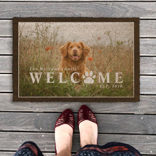 Welcome Paw Print Pet Photo & Family Name Fiber Doormat