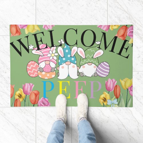 Welcome peeps tulip flower Easter gnomes Doormat