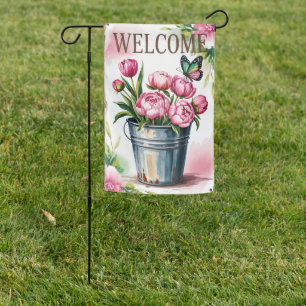 Welcome Peonies Bucket Garden Flag