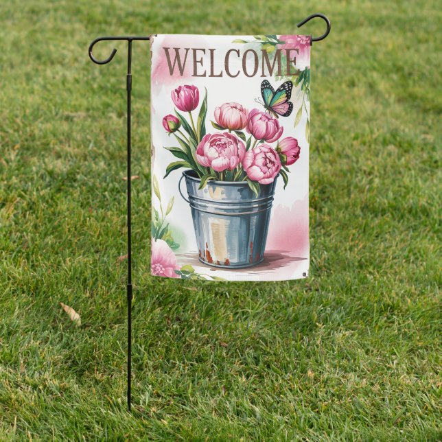 Welcome Peonies Bucket Garden Flag (In SItu)