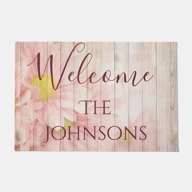 Welcome Personalize Pink Chic Flowers Doormat (Front)