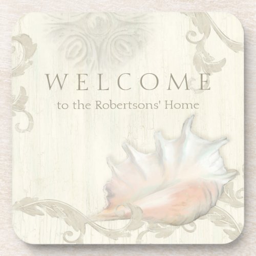 Welcome Personalized Beach Cottage Seashell Home Drink Coaster