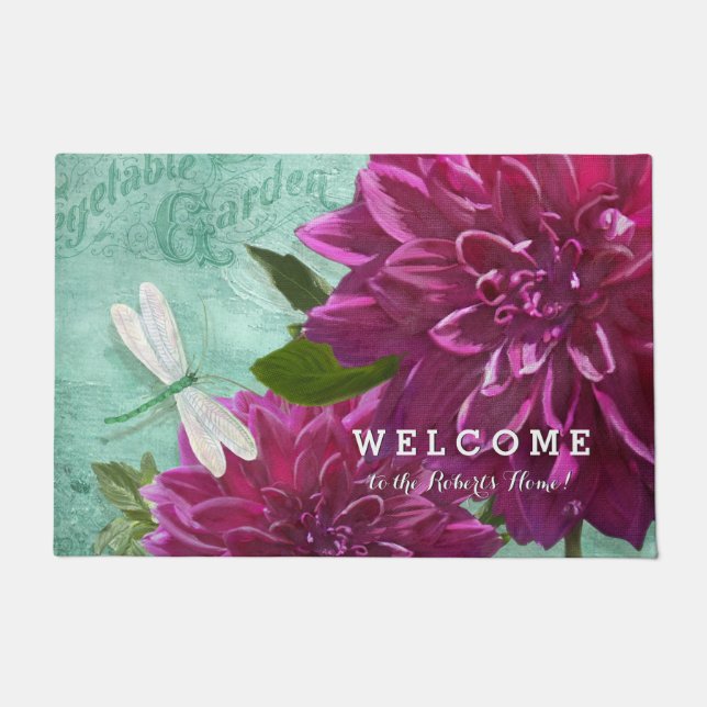 Welcome Personalized Dragonfly w Purple Dahlia Art Doormat (Front)