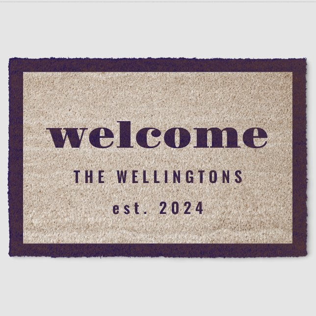 Welcome Personalized Family Name Classic Modern Fiber Doormat (Front)