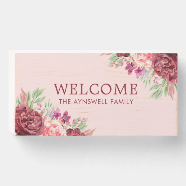 Welcome Personalized Name Burgundy Blush Floral Wooden Box Sign (Front Horizontal)