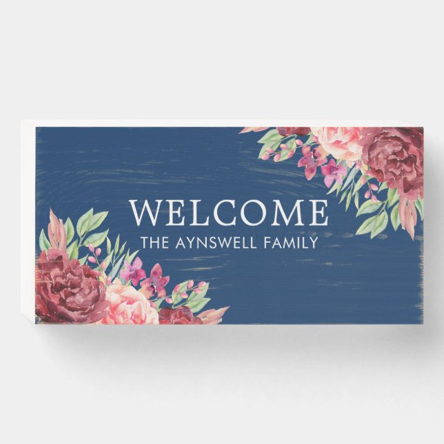Welcome Personalized Name Burgundy Navy Floral Wooden Box Sign (Front Horizontal)