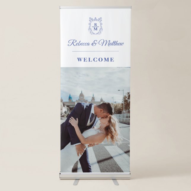 Welcome personalized Photo Blue Crest  Retractable Banner (Front)